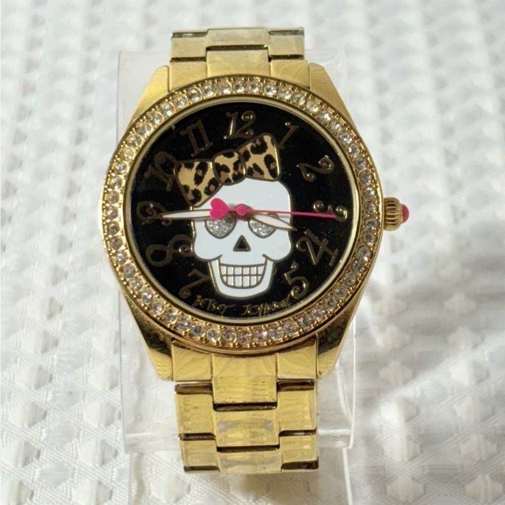 Betsey Johnson Gold Plated Watch Black Face White Skull Face Leopard Bow